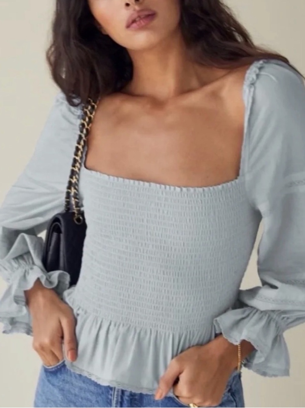Reformation Smocked Square-Neck Long-Sleeve Top in Light Blue